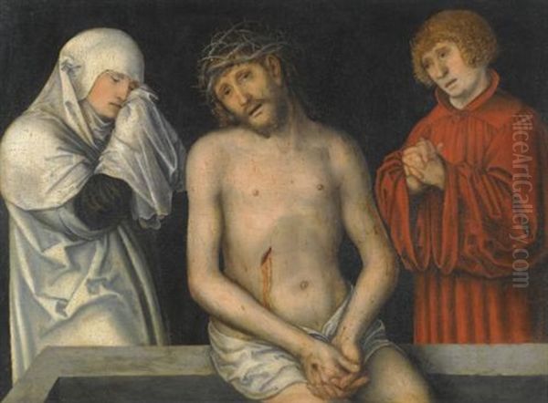 Christ As Man Of Sorrows Together With The Virgin And Saint John Oil Painting by Lucas The Younger Cranach