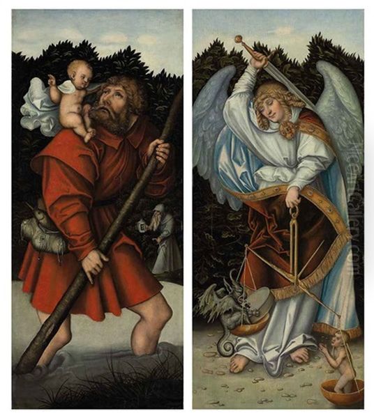 Saint Christopher Carrying The Christ Child (+ The Archangel Michael Holding The Scales Of Justice; 2 Works) Oil Painting by Lucas The Younger Cranach