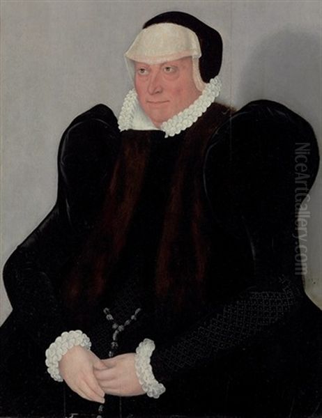 Portrait Of A Lady, Said To Be Dorothea Von Dehren In A Black Dress With A White Lace Collar And Cuffs Oil Painting by Lucas The Younger Cranach