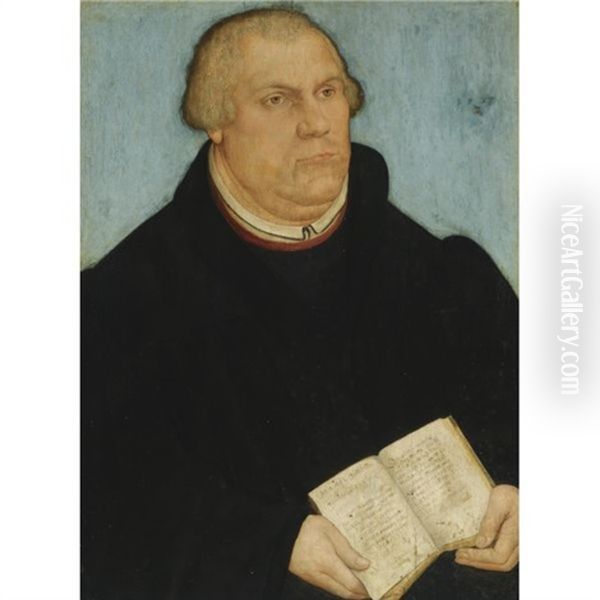 Portrait Of Martin Luther In A Black Robe, Holding A Prayer Book Oil Painting by Lucas The Younger Cranach