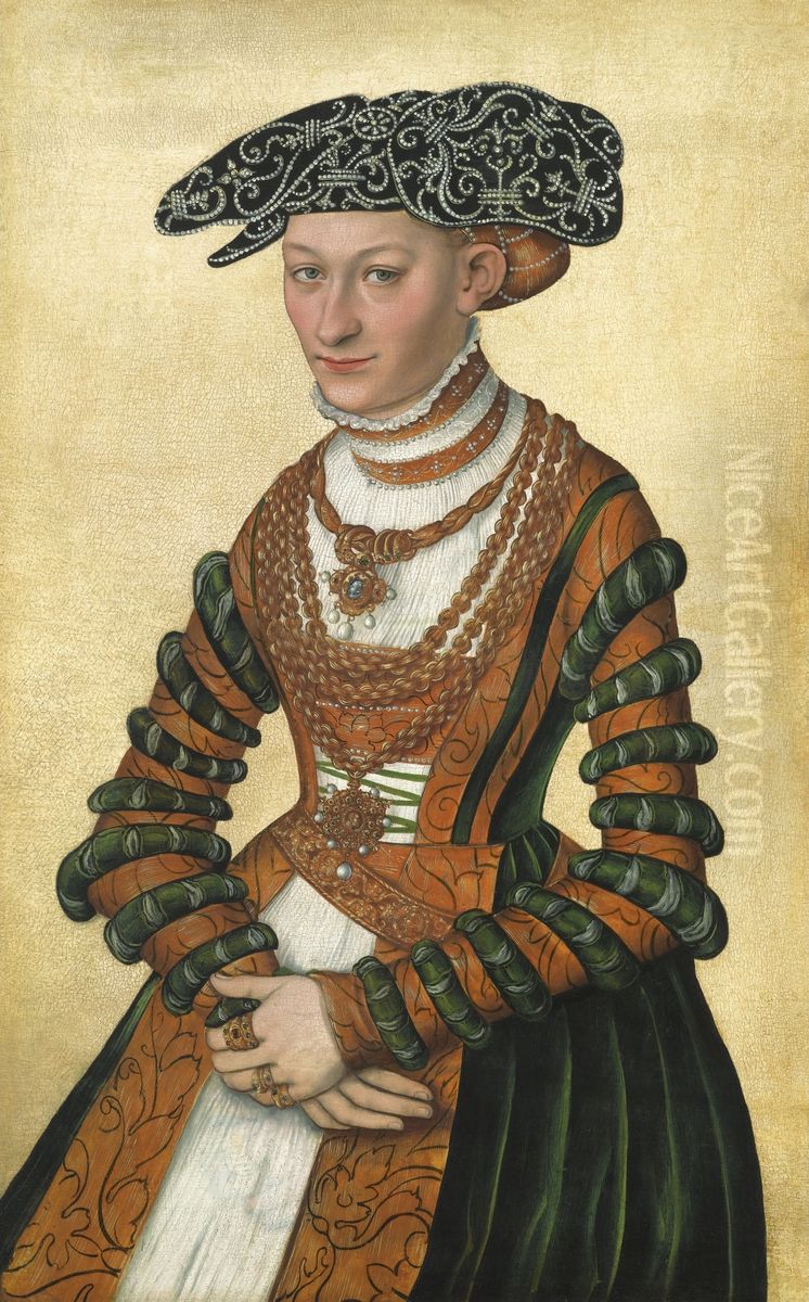 Portrait Of A Lady In A Green Velvet And Orange Dress And A Pearl-embroidered Black Hat Oil Painting by Lucas The Younger Cranach