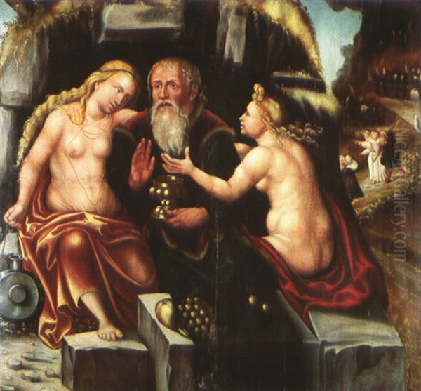Lot Und Seine Tochter, Im Hintergrund Das Brennende Sodom Oil Painting by Lucas The Younger Cranach