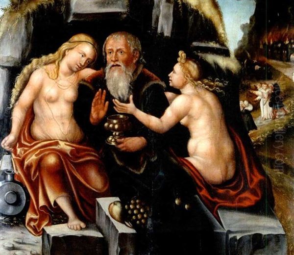 Lot Und Seine Tochter - Im Hintergrund Das Brennende Sodom Oil Painting by Lucas The Younger Cranach