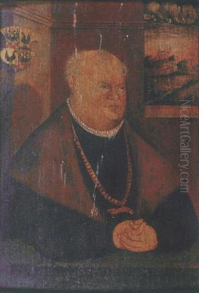 Portrait Of Carl Henneberg In A Black Costume With A White Collar And A Fur-lined Black Coat, A Landscape View Through The Window In The Background Oil Painting by Lucas The Younger Cranach