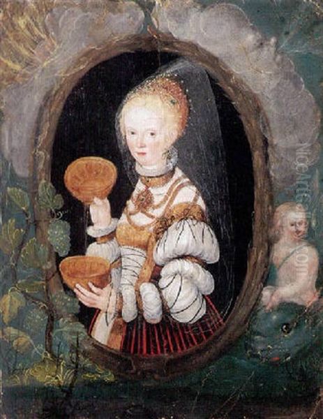 Portrait Of A Lady Carrying Two Golden Vessels In A Feigned Oval And Flanked By Symbols Of The Four Elements Oil Painting by Lucas The Younger Cranach