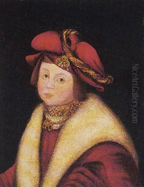 Portrait Of A Young Boy Wearing A Red Jacket And Hat, With A White Mantle Oil Painting by Lucas The Younger Cranach