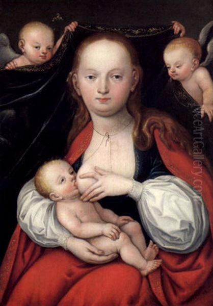 Maria Mit Dem Kinde Vor Einem Von Zwei Engeln Getragenen Vorhang Oil Painting by Lucas The Younger Cranach