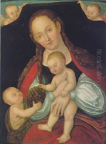 The Virgin And Child With The Infant St. John Proferring A Bunch Of Grapes And Two Angels Oil Painting by Lucas The Younger Cranach