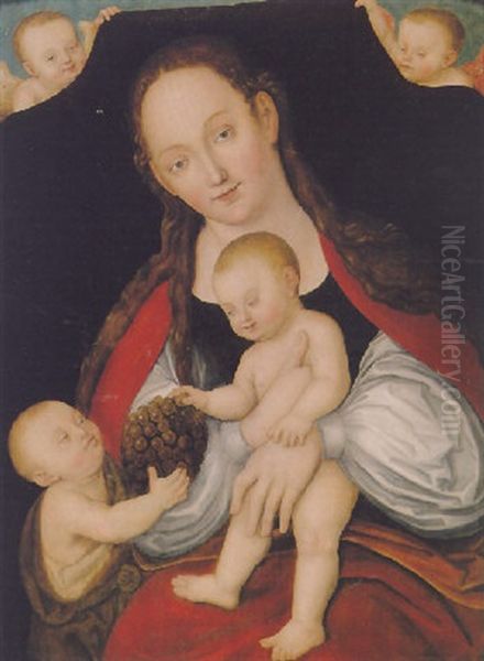 The Virgin And Child With The Infant St. John Proffering A Bunch Of Grapes And Two Angels Oil Painting by Lucas The Younger Cranach