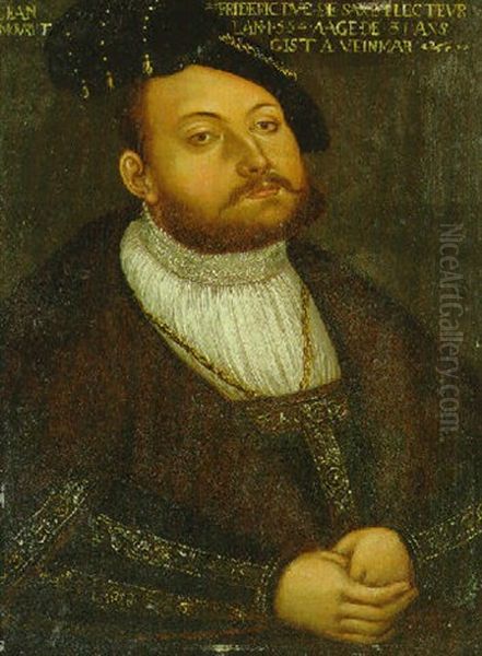 Portrait Of Johann Friedrich, Elector Of Saxony, Half-length, In A White Shirt And A Gold Embroidered Coat With A Fur-lined Collar Oil Painting by Lucas The Younger Cranach