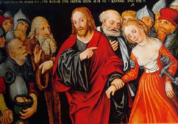 Christ And The Woman Taken In Adultery Oil Painting by Lucas The Younger Cranach