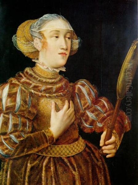 Portrait Of A Noble Woman, Standing Three-quarter Length, Holding A Mirror Oil Painting by Lucas The Younger Cranach