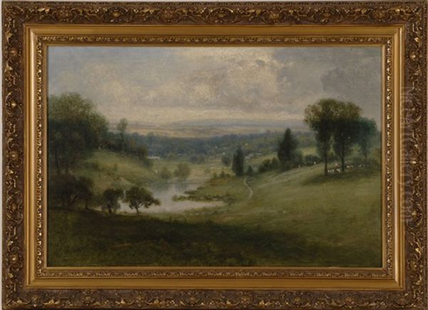 Pastoral Landscape With Cows And Various Buildings Under A Cloud Filled Sky Oil Painting by Bruce Crane