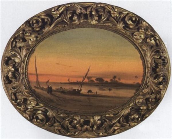 Soleil Couchant Sur Les Felouks Au Bord Du Nil Oil Painting by Louis Amable Crapelet