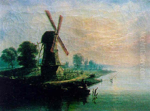Paysage Avec Moulin Et Pecheurs Au Bord De La Riviere Oil Painting by Louis-Philippe Crepin