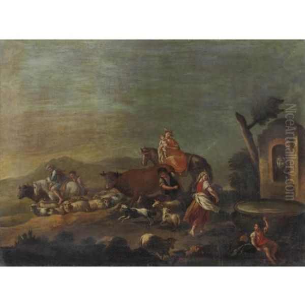 Contadini Con Il Gregge Vicino A Una Fontana Oil Painting by Giuseppe Maria Crespi