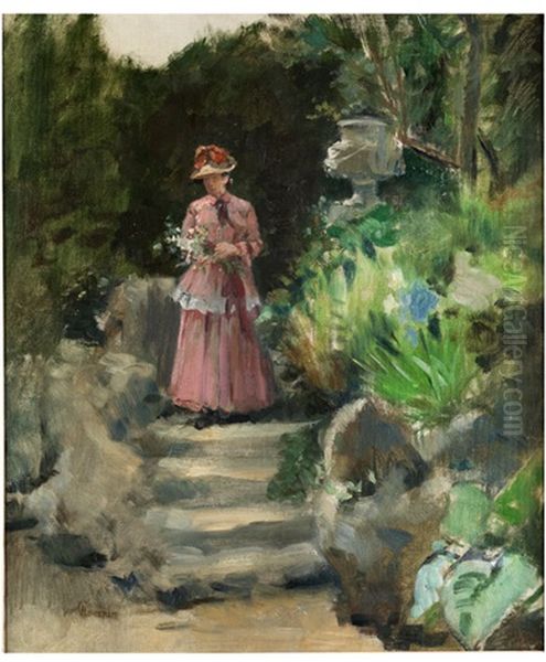 Junge Frau Mit Sommerhut Und Blumenstrauss Auf Einer Gartentreppe Oil Painting by Adolphe Crespin