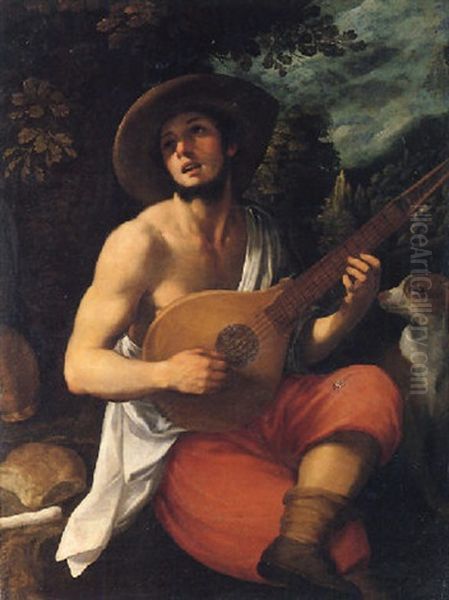 Portrait Of A Young Man, Playing A Cittern, A Landscape Beyond Oil Painting by Domenico (il Passignano) Cresti