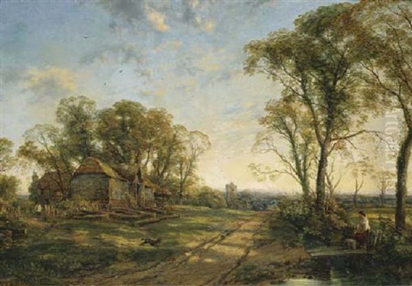 View Of Surrey, With Figures And A Dog By A Barn, A Church Tower Beyond Oil Painting by Thomas Creswick
