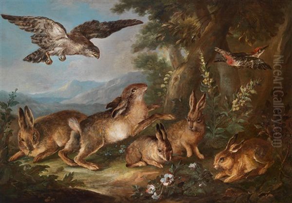 Angriff Eines Bussards Auf Junge Hasen Mit Davonfliegendem Buntspecht Oil Painting by Angelo Maria (Crivellone) Crivelli