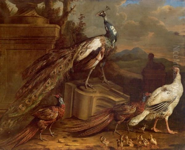 Ein Pfauenpaar Und Zwei Fasane Mit Kuken Zwischen Ruinen Und Einer Steinernen Sphinx In Einer Gebirgigen Landschaft, Due Pavoni E Due Fagiani Con Pulcini Tra Antichi Ruderi E Un Oil Painting by Angelo Maria (Crivellone) Crivelli