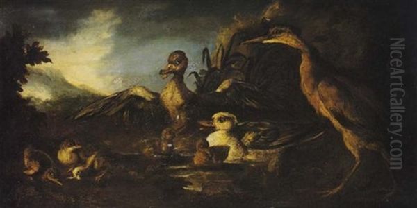 Heron Et Canards Dans Un Paysage Lacustre Oil Painting by Angelo Maria (Crivellone) Crivelli