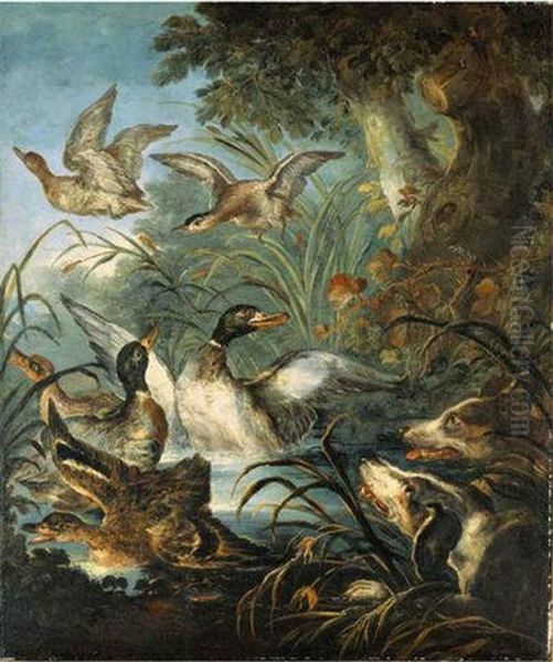 Hounds Putting Up Duck From A River Oil Painting by Angelo Maria (Crivellone) Crivelli