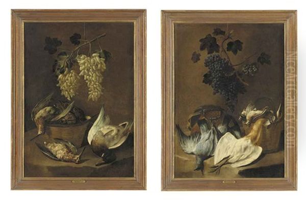Duck And Woodcock In A Basket On A Stone Ledge, With White Grapes (+ A Squacco Heron And Pigeons, Quails In A Basket, With A Game Bag, On A Stone Ledge, Grapes Above; 2 Works) Oil Painting by Giovanni (Crivellino) Crivelli