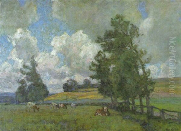 Oberbayerische Sommerlandschaft Mit Kuhen Auf Der Eingezaunten, Von Baumen Gesaumten Weide Oil Painting by Paul Eduard Crodel