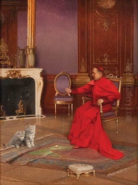 Cardinal In Interior, Playing With Cats Oil Painting by Georges Croegaert