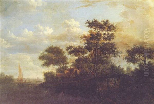 Figures By A Bridge In A Wooded Landscape, A Church Beyond Oil Painting by John Crome the Elder