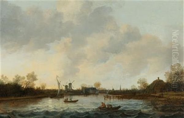 A River Landscape With Fishermen In A Boat Oil Painting by Anthony Jansz van der Croos