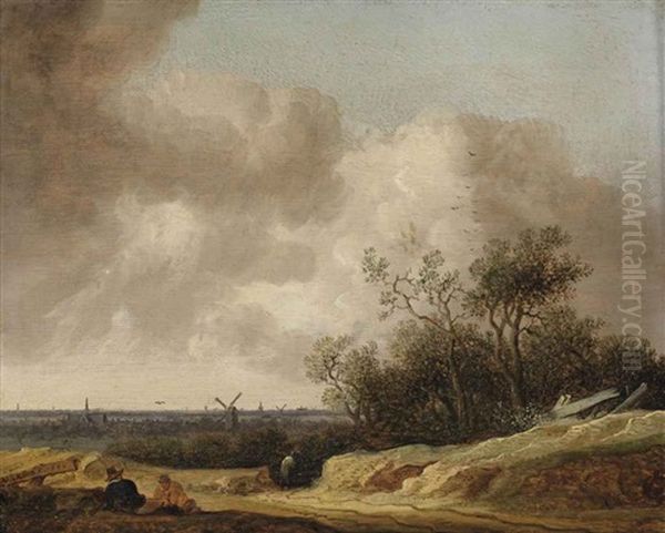 A Dune Landscape With Figures Resting Near A Track, A View Of Haarlem In The Distance Oil Painting by Anthony Jansz van der Croos