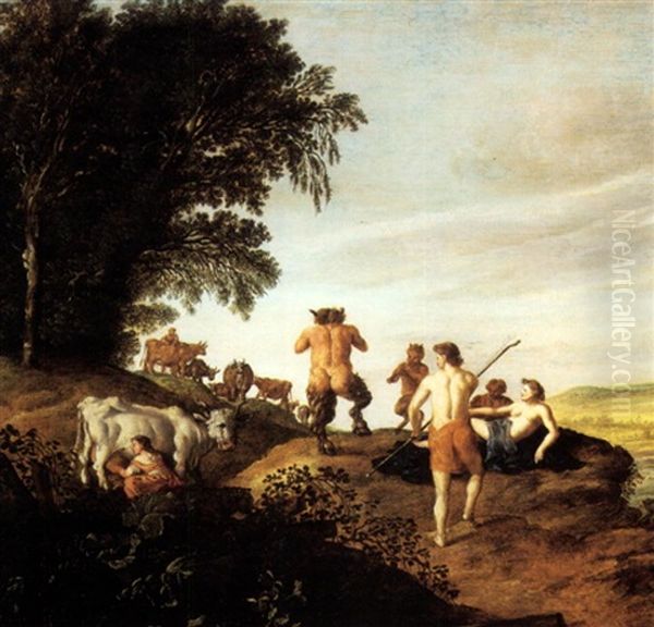 Shepherds And Satyrs In A Landscape Oil Painting by Anthony Jansz van der Croos