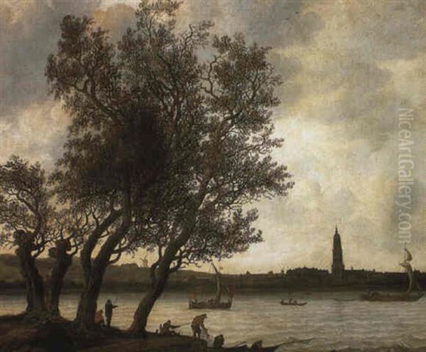 A View Of Rhenen From The South Bank Of The Nederrijn Oil Painting by Anthony Jansz van der Croos