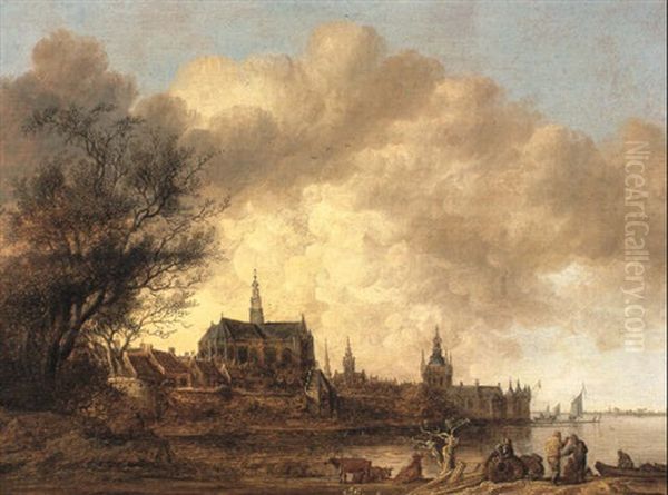 A Capriccio View Of Haarlem Seen From The North East, With  The Bavokerk Prominent Oil Painting by Anthony Jansz van der Croos
