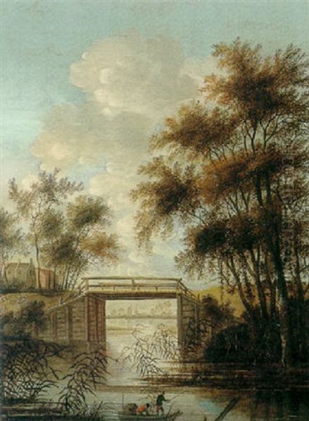 A Wooden Bridge Over An Inlet With Two Fishermen In A Boat, A Town In The Distance Oil Painting by Jacob Van Der Croos