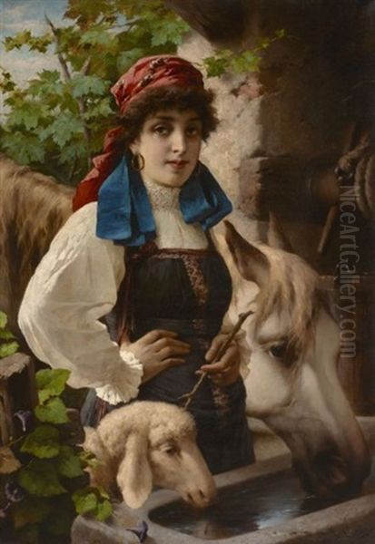 Jeune Bergere Au Puits Oil Painting by Luigi Crosio
