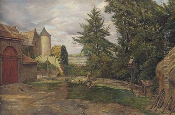 Feeding The Chickens Oil Painting by Eyre Crowe