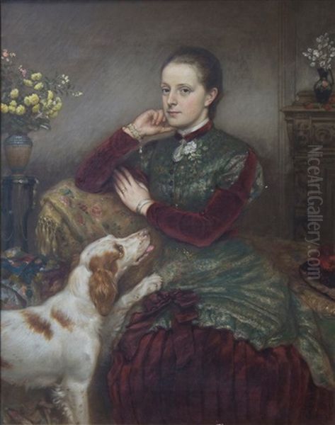 A Lady Seated In A Parlour With A Liver And White Spaniel Oil Painting by Robert Crozier