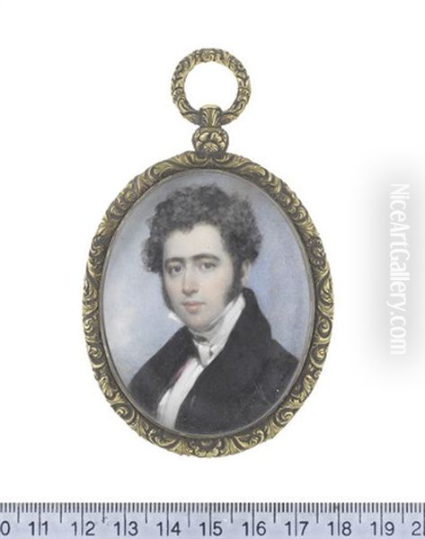 A Gentleman, Wearing Dark Blue Coat, Black Waistcoat With Pink Lining, White Chemise, Stock And Cravat Oil Painting by Frederick Cruickshank