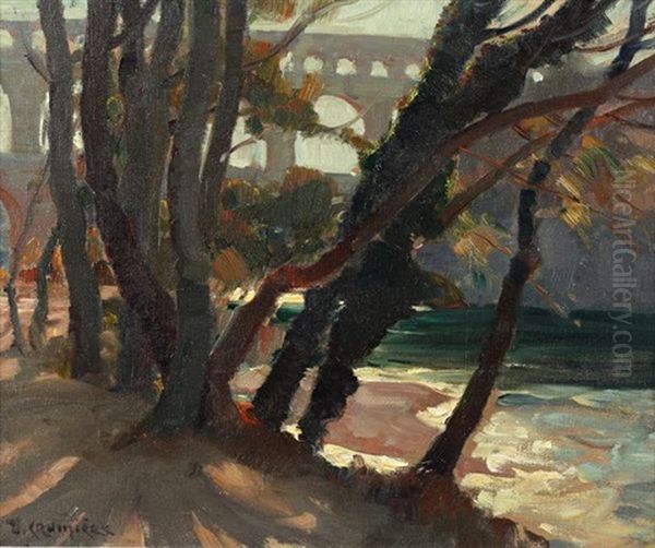 Le Pont Du Gard Vu De Derriere Les Arbres Oil Painting by Victor Crumiere