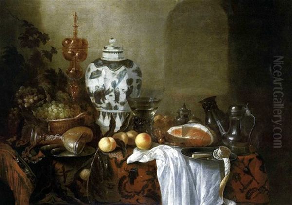 Stilleben Mit Einer Ming-vase, Zwei Pokalen, Zinngeschirr, Einem Gefullten Weinglas Sowie Einem Schinken, Weintrauben Und Pfirsichen Auf Einem Kostbaren Orientteppich Oil Painting by Cornelis Cruys