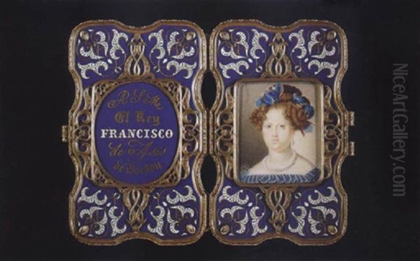 The Infanta Luisa Carlota Of Spain Wearing Red And White Bordered Blue Ribbons In Her Hair, Blue Dress With White Lace Collar, Pearl Necklace And Earring Oil Painting by Luis de la (El Canario) Cruz y Rios