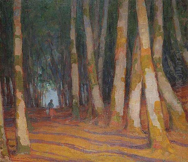 A Forest Road With Figures Oil Painting by L鈥榰dovit Csordak