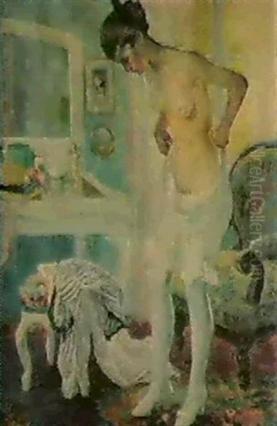 Woman Dressing Oil Painting by Edward Cucuel