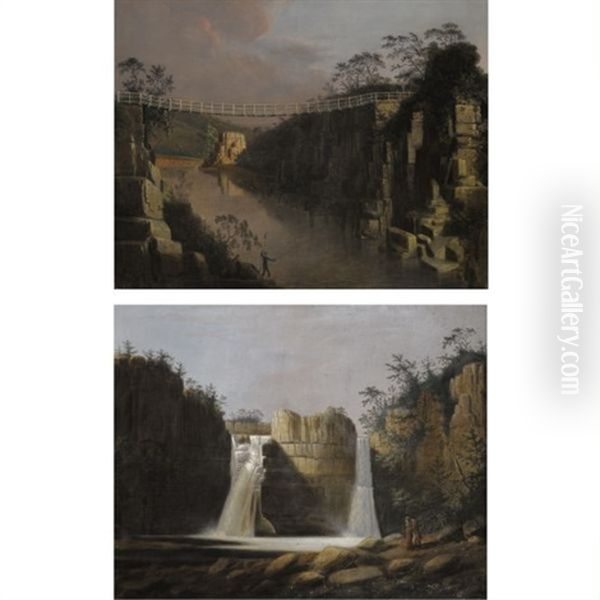 High Force On The River Tees (+ Winch Bridge On The River Tees)(pair) Oil Painting by George Cuitt
