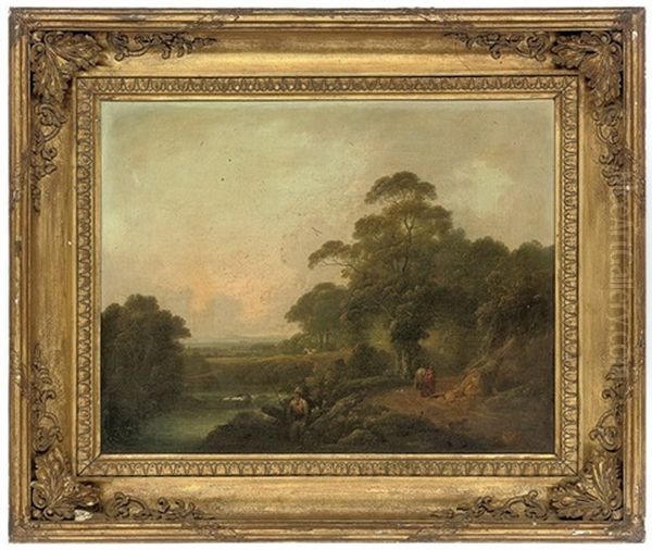 An Angler On A River Bank (+ Travellers Before A Stream, An Extensive Landscape Beyond; Pair) Oil Painting by George Cuitt