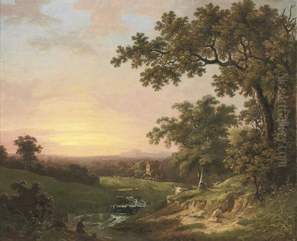 A Wooded River Landscape At Dusk, With An Angler In The Foreground And A Cottage Beyond Oil Painting by George Cuitt
