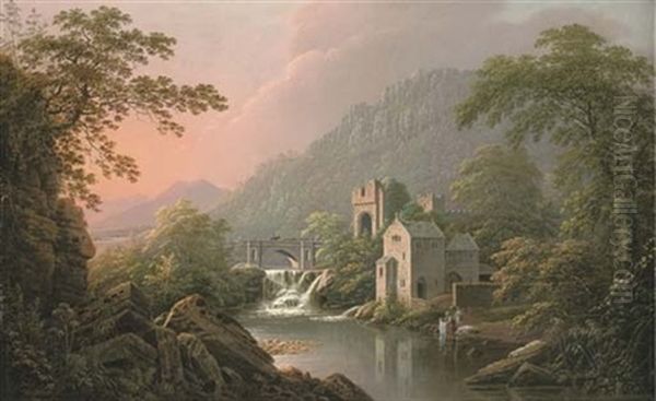 A River Landscape, Probably The Banks Of The River Swale, North Yorkshire, With A Castle By A Weir And Washerwomen By A Boat House Oil Painting by George Cuitt